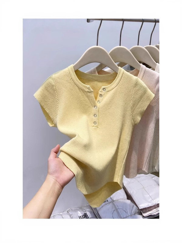 Vネックセーター半袖Tシャツレディース2025夏新デザインスリムフィットショート万能ボトムストップ|undefined