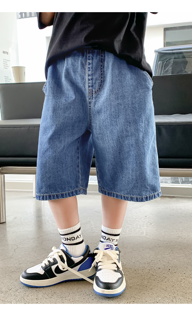 Shorts en jean garçon été coupe ample mi-longue décontracté_voghion.com