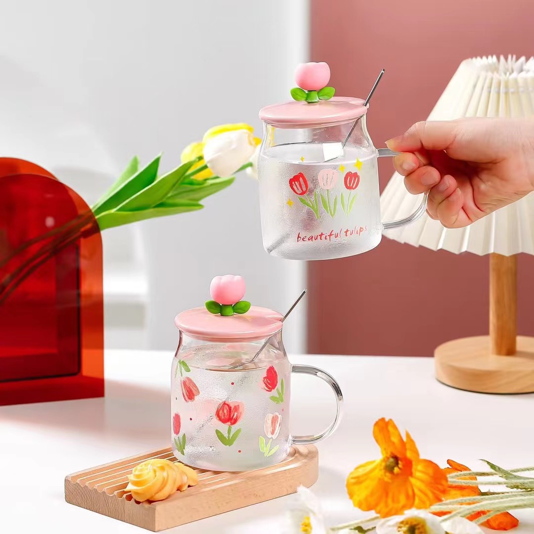 Chica corazón personalidad tulipán vidrio taza de agua con mano regalo Oficina taza de café flor fresca taza