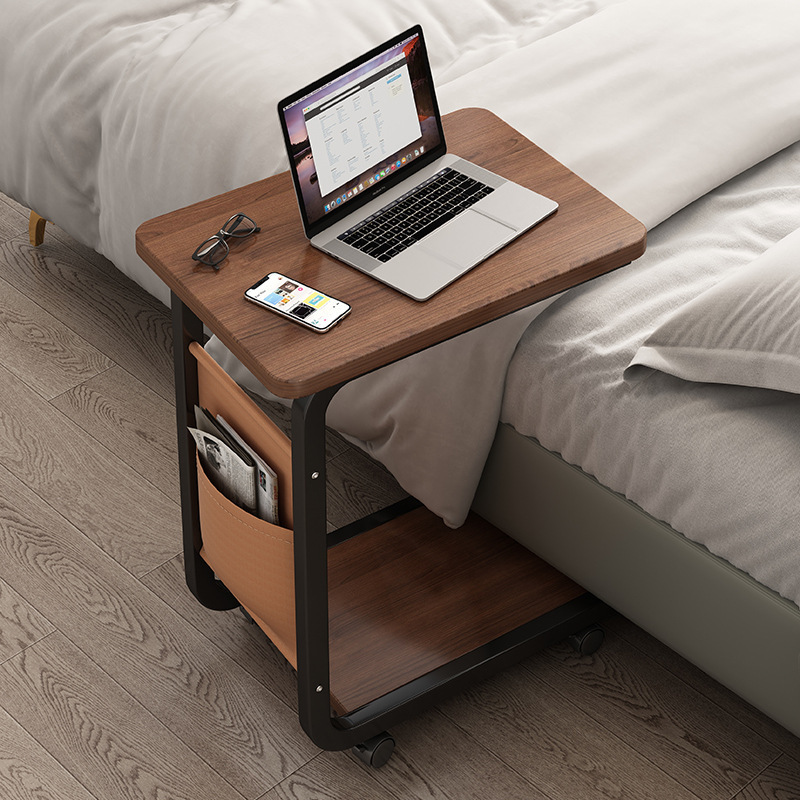 Living Room Sofa Side Table Household Movable Small Square Table with Wheels C- shaped Small Coffee Table Bedside Table Bedside Storage Rack