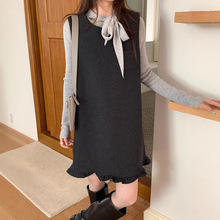 miu系木耳花边毛呢背心裙女2025秋冬新款韩系风叠穿无袖连衣裙
