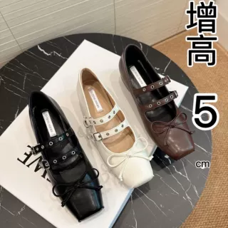 增高5cm蝴蝶结金属双扣带法式玛丽珍鞋女小众方头超软芭蕾鞋外穿