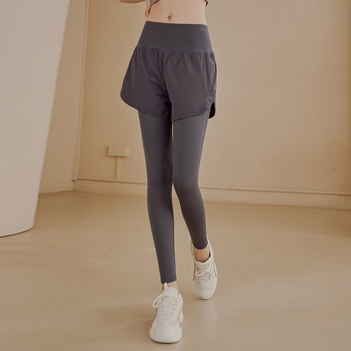 Fake two-piece yoga pants for women, high-waisted butt-lifting, tummy-tightening running pants, stretch tight sports pants, fitness pants, trousers for spring and autumn