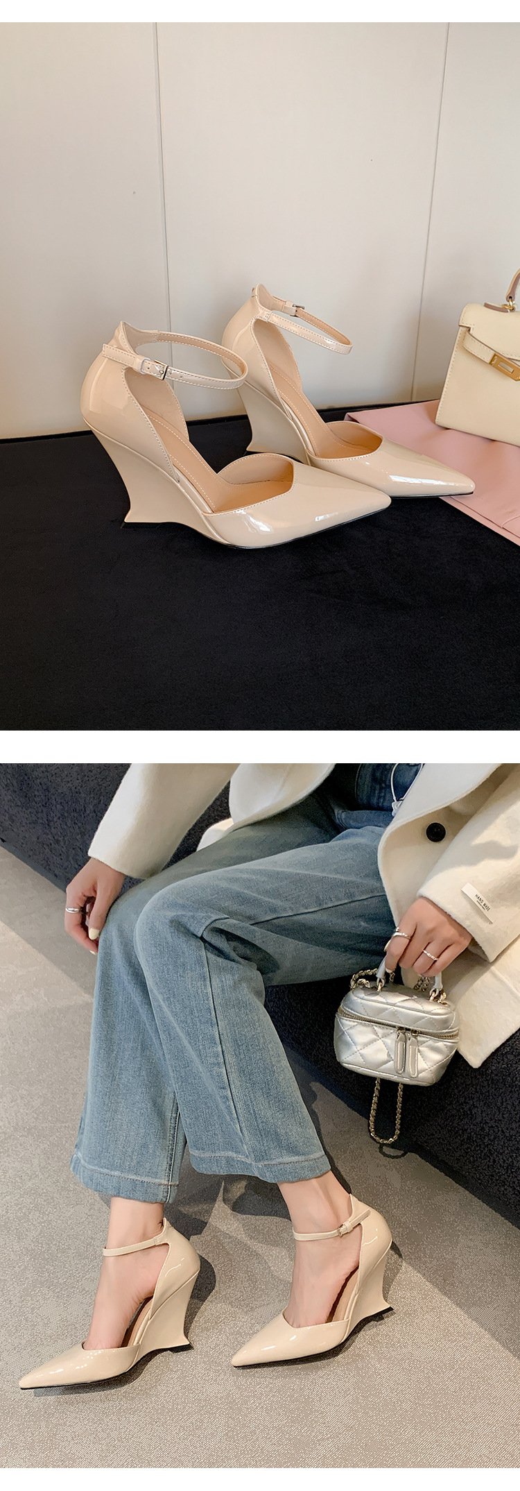 Giày sandal cao gót nữ mũi nhọn quai ngang chất liệu da bò sơn cao cấp, gót xuồng 9 cm — màu đen, màu trắng, màu mơ, màu đỏ chi tiết 23