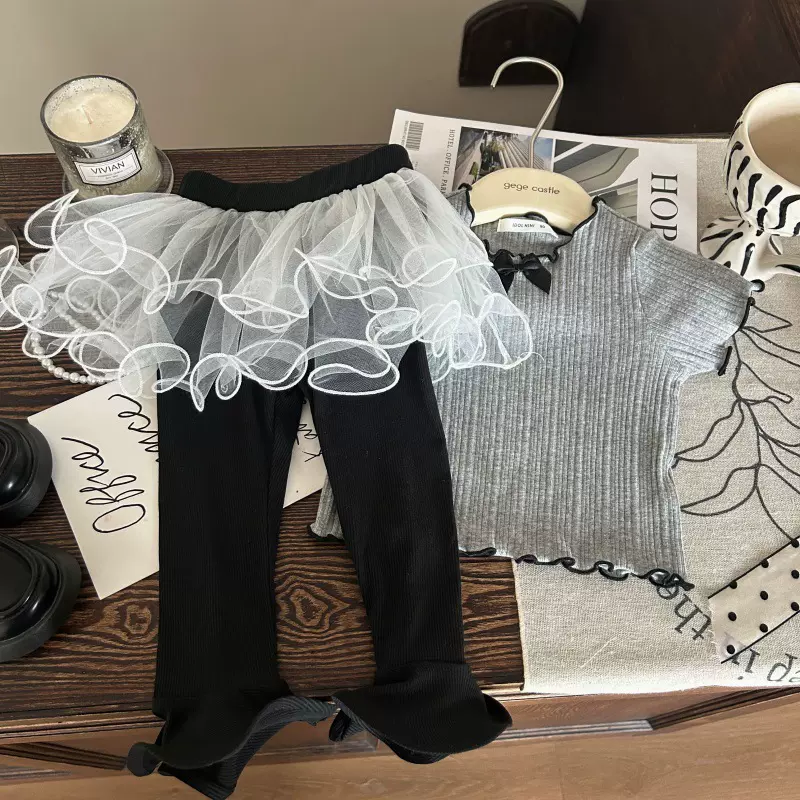 清仓不退不换【理性下单】女童针织短袖T恤+网纱屁帘打底裤