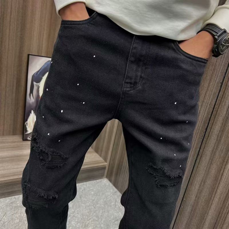 Casual Scratched American High Street Style Loose Wide-Leg Pants For Women Men, Autumn Black And Gray Trendy_mkmklike.com