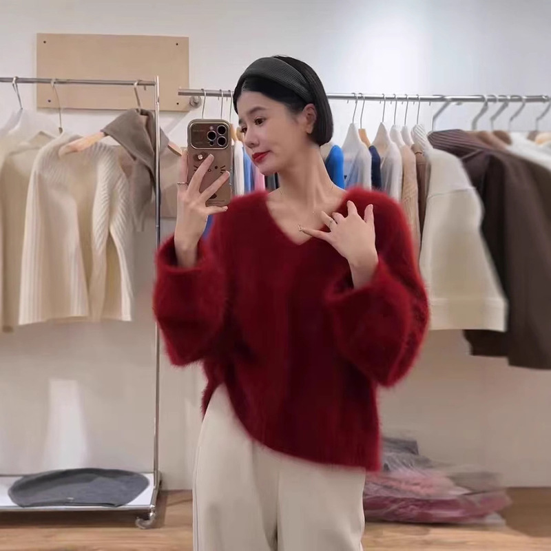 2026 Christmas Outfit Red V-Neck Pullover Knit Sweater for Women, Trendy and Beautiful Top for This Year