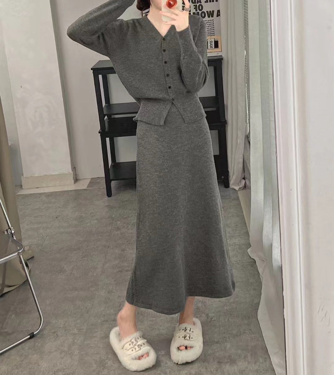 Temperamento piccolo profumo stile due pezzi donna primavera e autunno scollo a V cardigan lavorato a maglia linea A metà corpo lungo_voghion.com