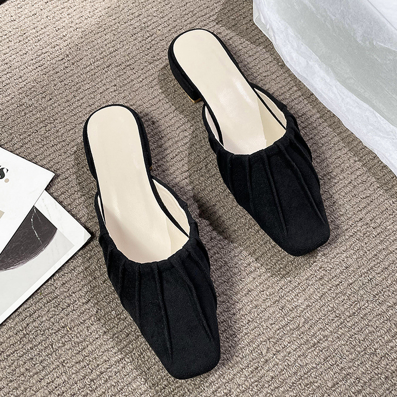 Baotou – pantoufles britanniques confortables à semelle basse et épaisse pour femmes, vêtements d'extérieur à la mode, petites pantoufles carrées pliables, nouvelle collection_voghion.com