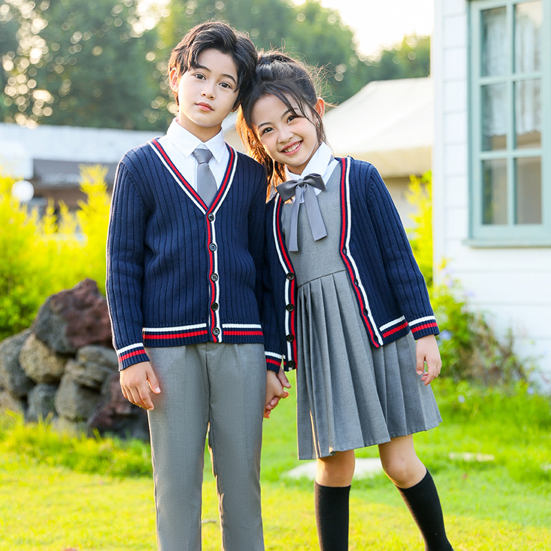 Uniformes de jardín de infantes de otoño y invierno estilo británico set de suéter de punto para niños y niñas uniformes escolares de primaria y media