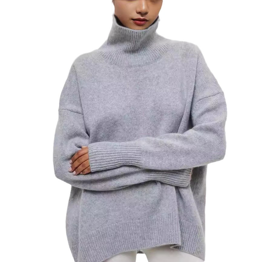 Comercio exterior transfronterizo de color sólido suéter de cuello alto mujeres Europa y América otoño y invierno suelto versátil clásico explosión camiseta de punto precio de fábrica al por mayor image 6