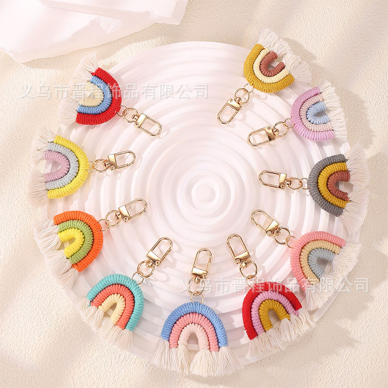 New Handmade Woven Rainbow Tassel Pendant, Fashionable Candy-Colored Car Keychain Accessory, Bag Decoration Hanging Ornament