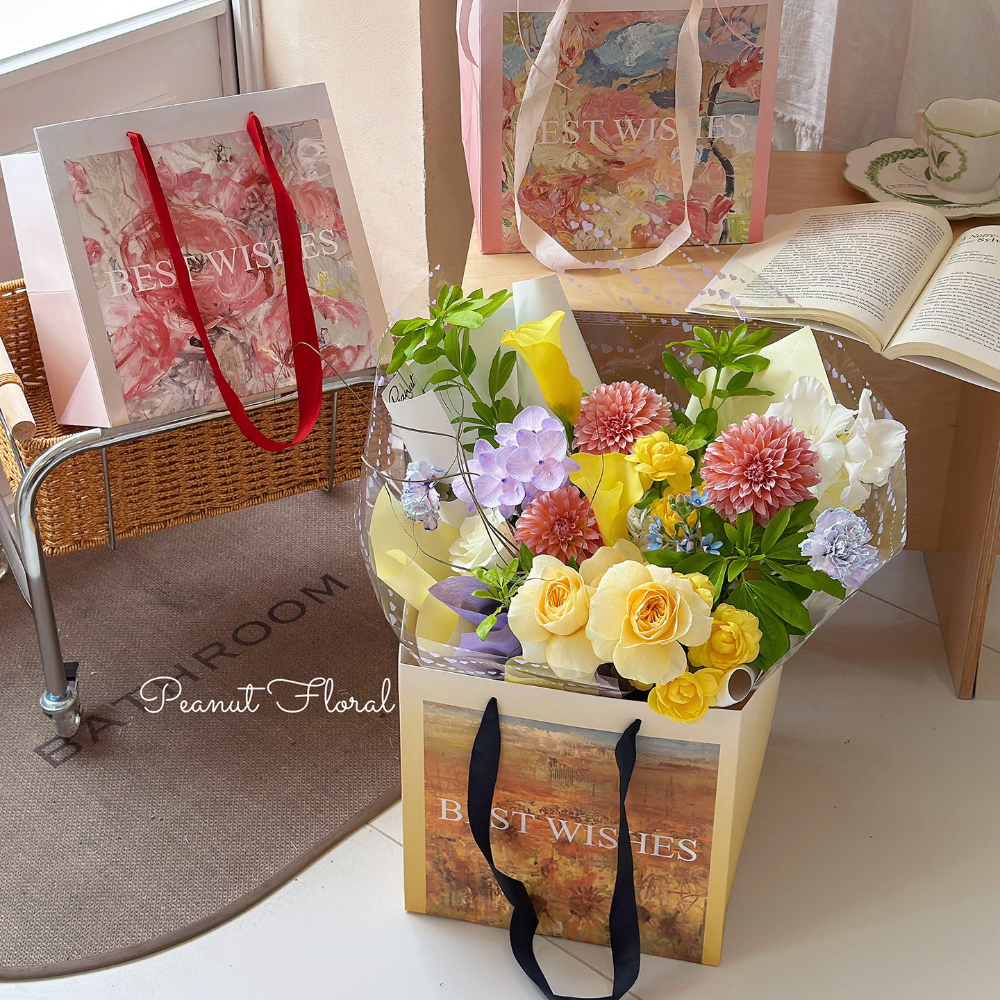 Nuevos productos amor jardín bolsas de mano estilo de pintura al óleo bolsas de flores espesar bolsas de regalo bolsas de mano materiales de arte floral