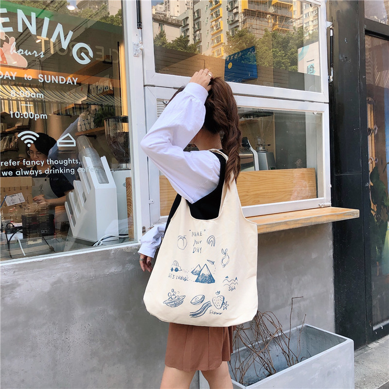 99304 ins single-shoulder hand-carry canvas bag, cute cartoon illustration tote bag for girls, student trend Item Picture