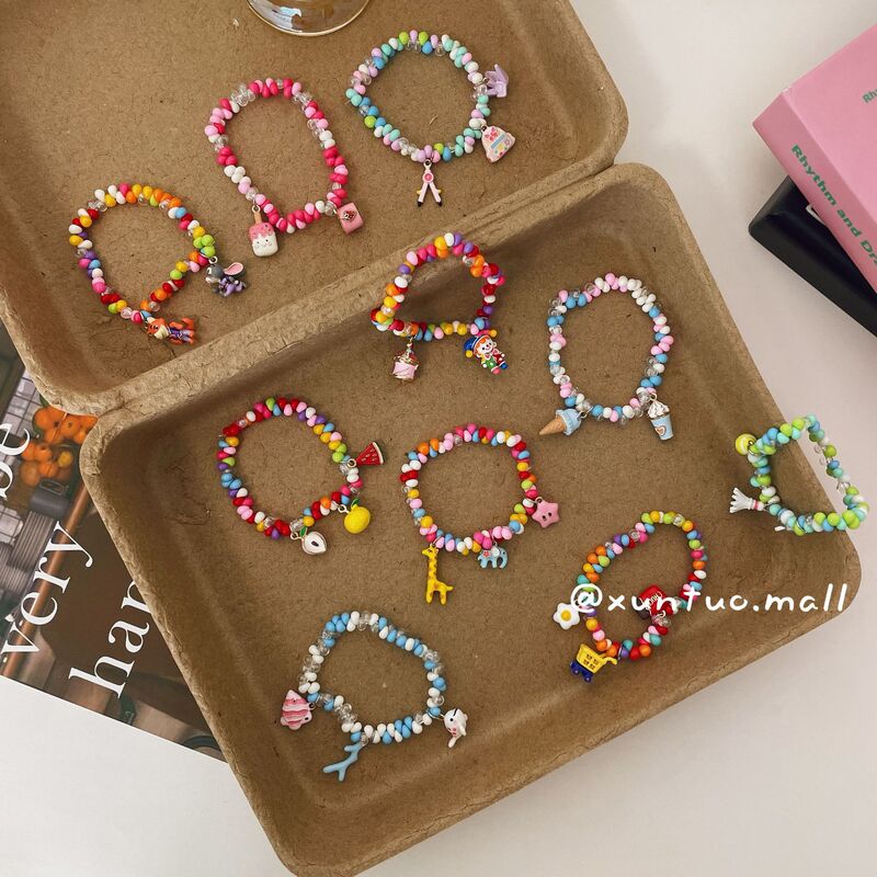 Original children's bracelet with fun cartoon dessert and small animal alloy pendants, elastic cord, colorful beads, girls' hand accessory Original children's bracelet with fun cartoon dessert and small animal alloy pendants, elastic cord, colorful beads, girls' hand accessory