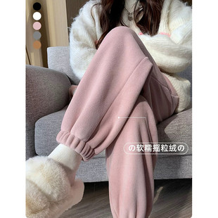 粉色加绒运动裤女秋冬季加厚外穿保暖棉裤摇粒绒小个子束脚卫裤子-阿里巴巴