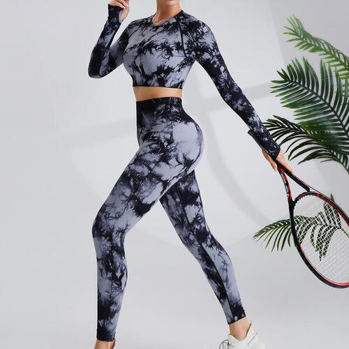 Tie-dye yoga long-sleeved suit, high-waist hip-lifting tie-dye yoga pants for women, sportswear, running fitness wear, yoga wear