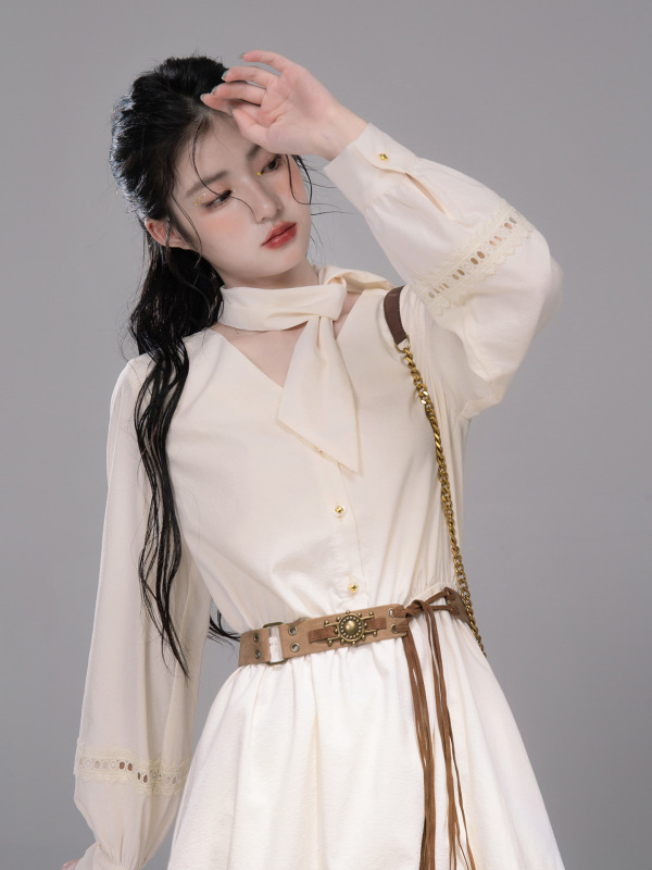 COTRE 「城市游牧风」芙蓉杏白 衬衫花苞连衣裙+波嬉风手工马甲|undefined