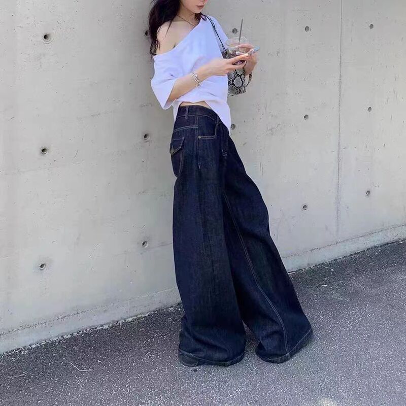 Thirteen Lines Low Waist Wide Leg Original Color Jeans Women's Autumn Dark Blue American Retro Straight-Leg Casual Pants