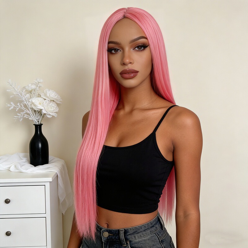 Cross-border e-commerce wig women's light pink long straight wig Africa long straight chemical fiber head cover factory outlet Cross-border e-commerce wig women's light pink long straight wig Africa long straight chemical fiber head cover factory outlet
