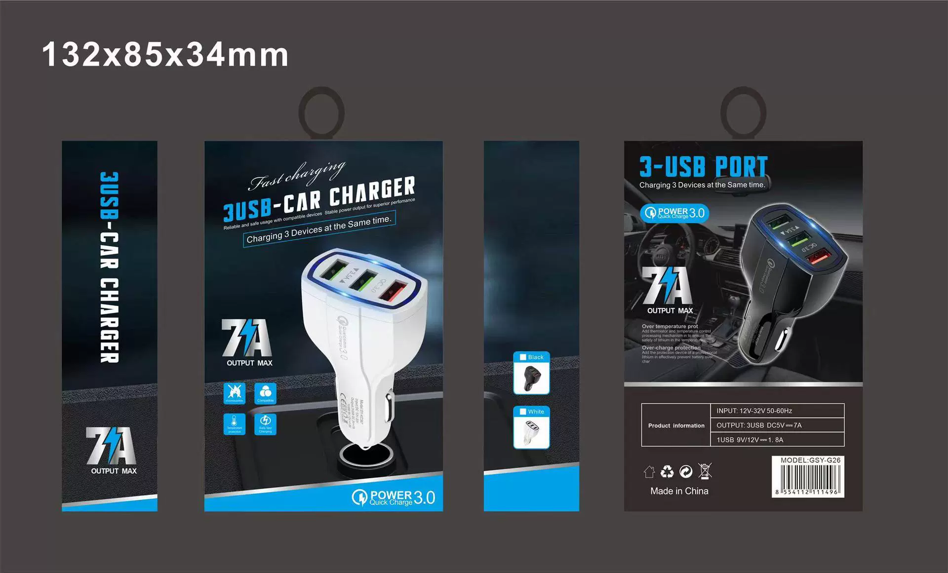 Car charger Super fast charging 40W car charging cigarette lighter Type-C+dual USB one-dragging three car charger