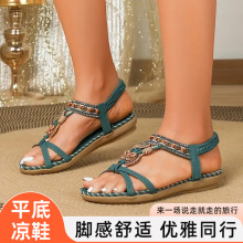 波西米亚2025夏季新款沙滩欧美水钻百搭平底凉鞋女