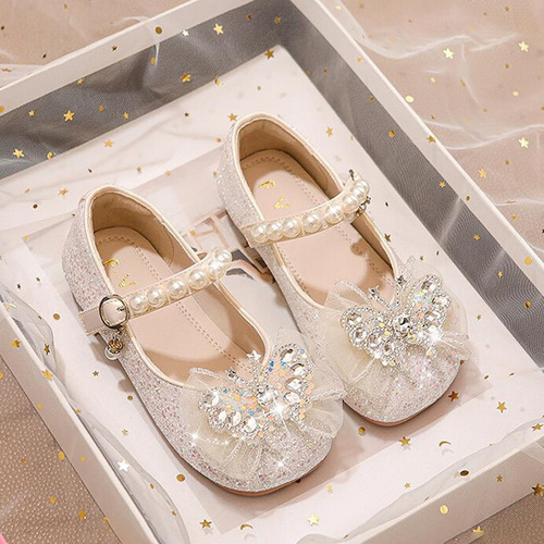Children's princess shoes, new for spring and autumn, small leather shoes for babies with shiny water pearls, princess style