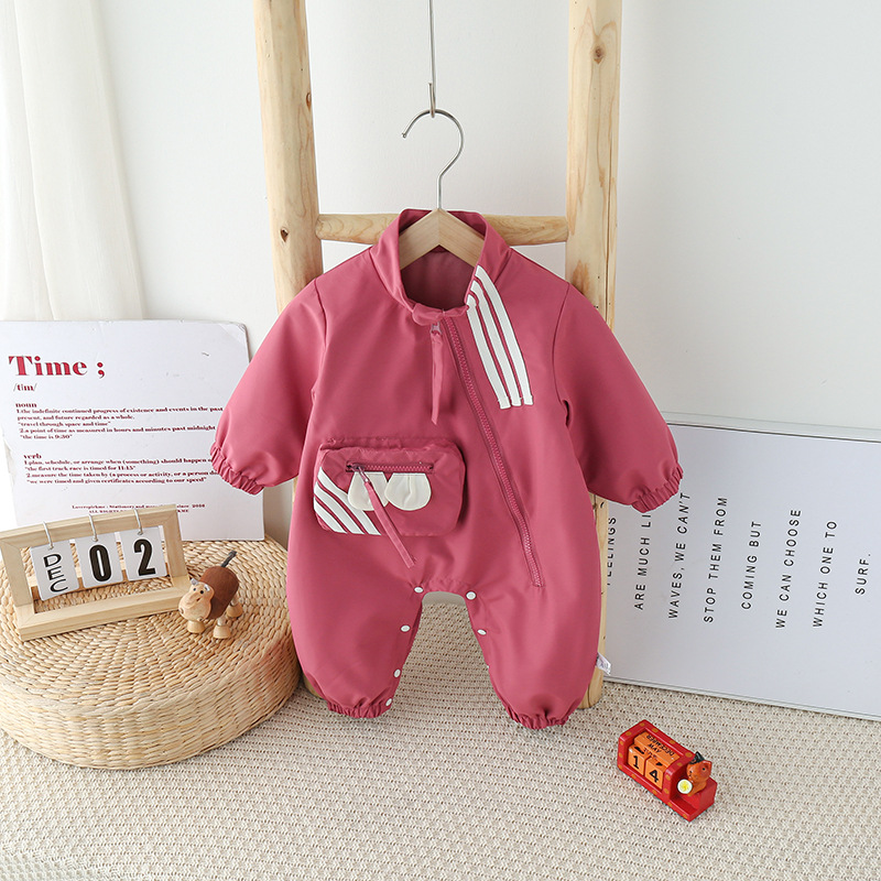 嬰兒春秋運動衝鋒衣寶寶洋氣休閒外出服新生兒雙層爬服嬰兒連體衣