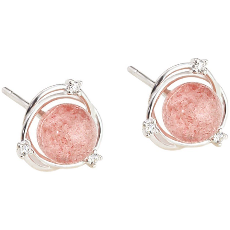 Серьги (Fuchsia) клубничный кристалл 6 мм, натуральный камень, изящная серебристая оправа