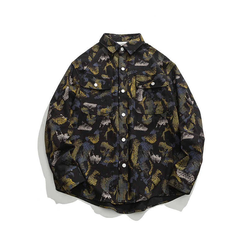 Camicia di jeans stampata completa con pittura a olio stile Hong Kong per uomo Primavera e autunno I Nuova camicia versatile Giacca ampia e alla moda per uomo_voghion.com