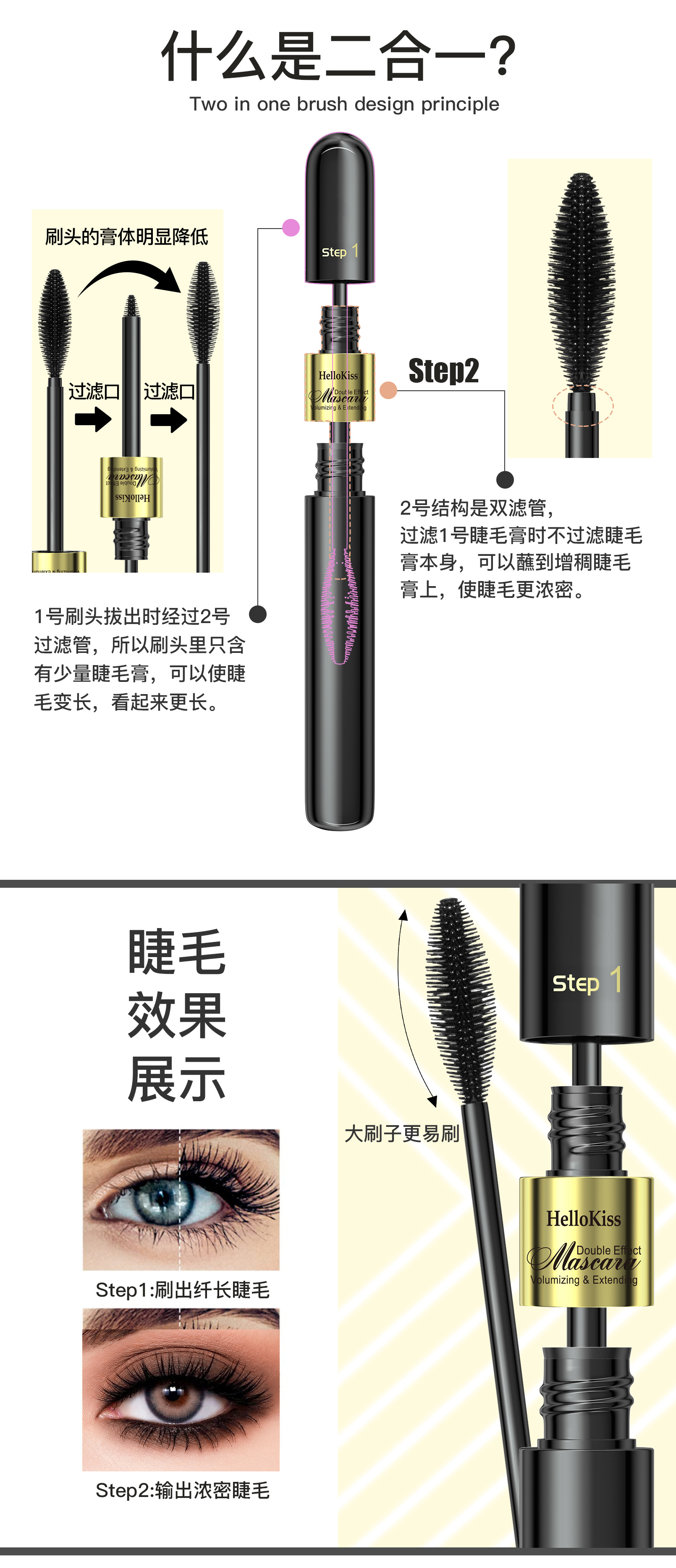 HelloKiss Dual-Effect 4D Mascara 2-in-1: Long, Curly, Thick, non-smudging, waterproof Mascara for Cross-border use undefined