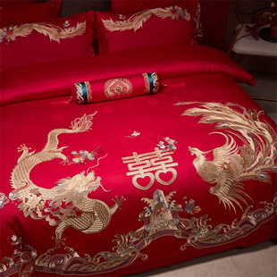 Ll Embroidery 140S Dragon and Phoenix Wedding Four-Piece Set Wedding Big Red Wedding Quilt Newlywed Dowry Bed