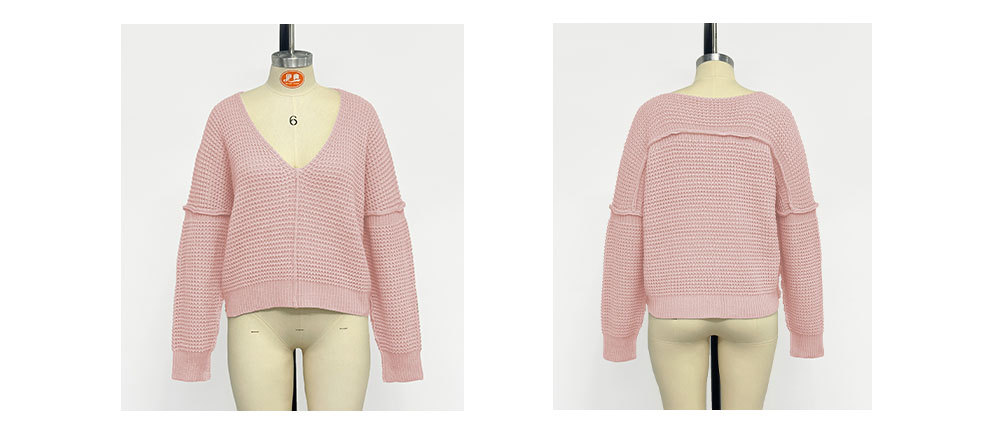 Women's V-neck solid color off-the-shoulder sweater sexy pullover_voghion.com