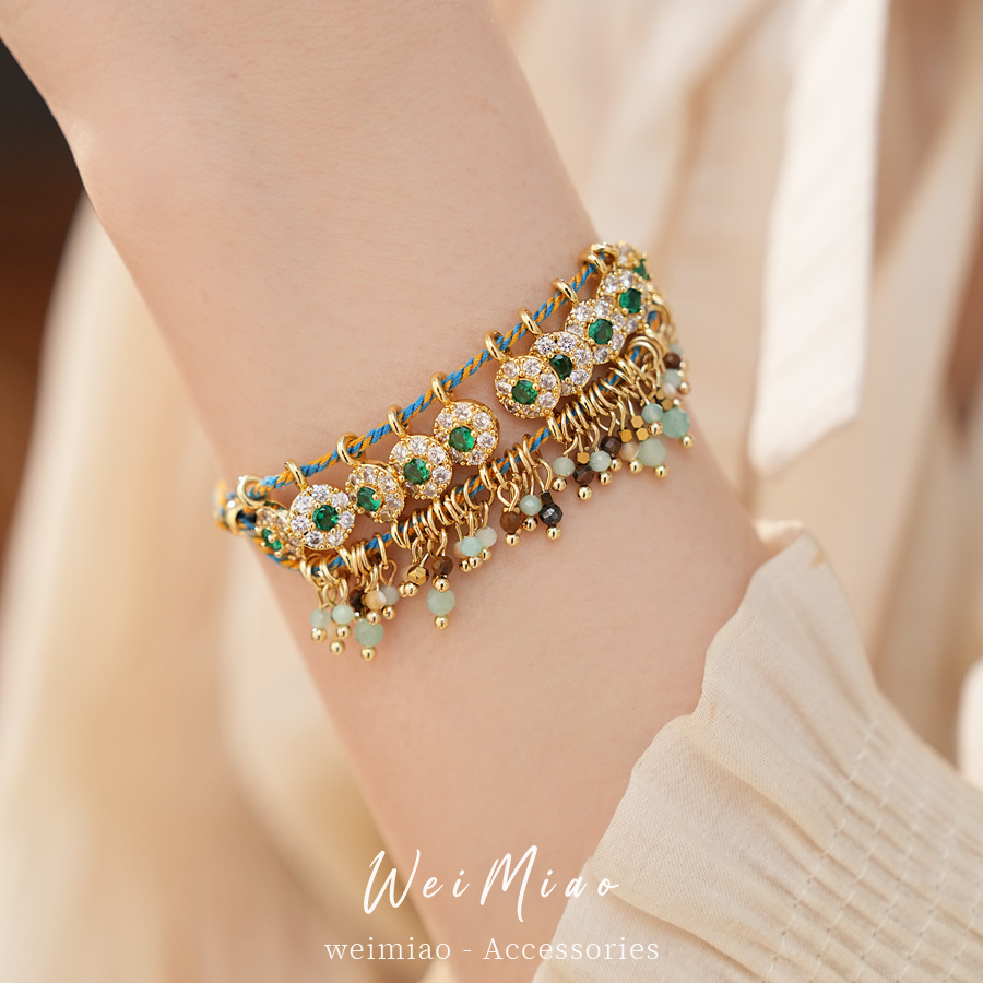 Cuerdas de color trenzadas zircon pulsera de vidrio redondo ligera de lujo nicho de alta sensación pulsera estilo nacional joyas retro