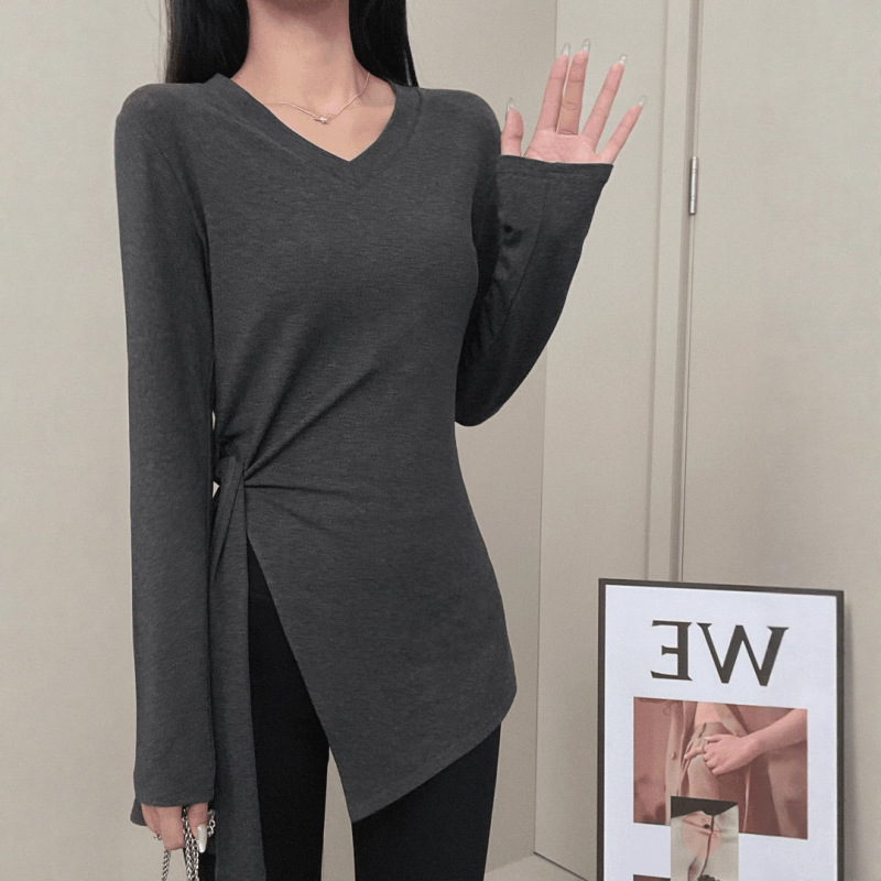 侧边开叉不规则长袖T恤女秋季设计高级感修身显瘦圆领打底衫上衣|undefined