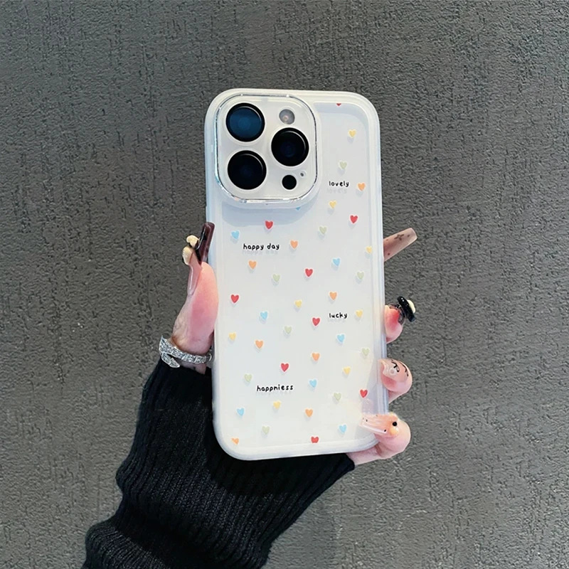 多巴胺小爱心金属镜框适用苹果15/16pro手机壳iPhone14精孔13防摔|undefined