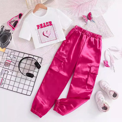 女童套裝2024夏季跨境卡通印花短款T恤工裝褲兩件套佛山兒童童裝