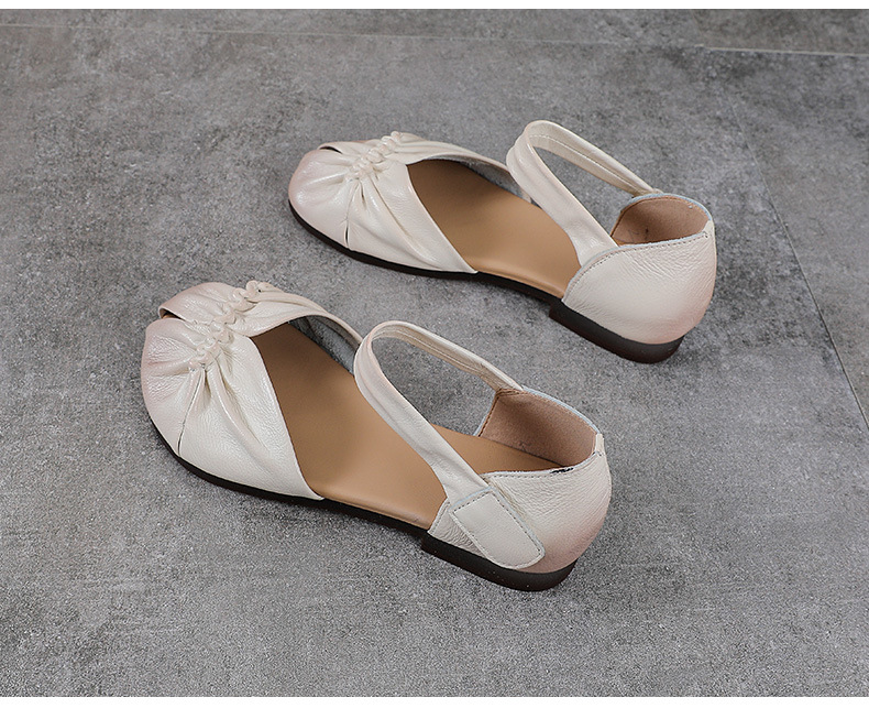 Sandal nữ da bò thật phong cách cổ điển, đế bệt thủ công, mũi nhăn — màu be chi tiết 15