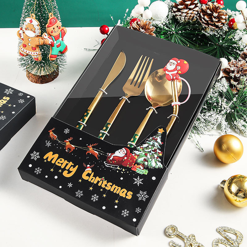 Cross-border exclusive for creative Christmas stainless steel Portuguese Western food knife fork spoon golden straw gift box four-piece set