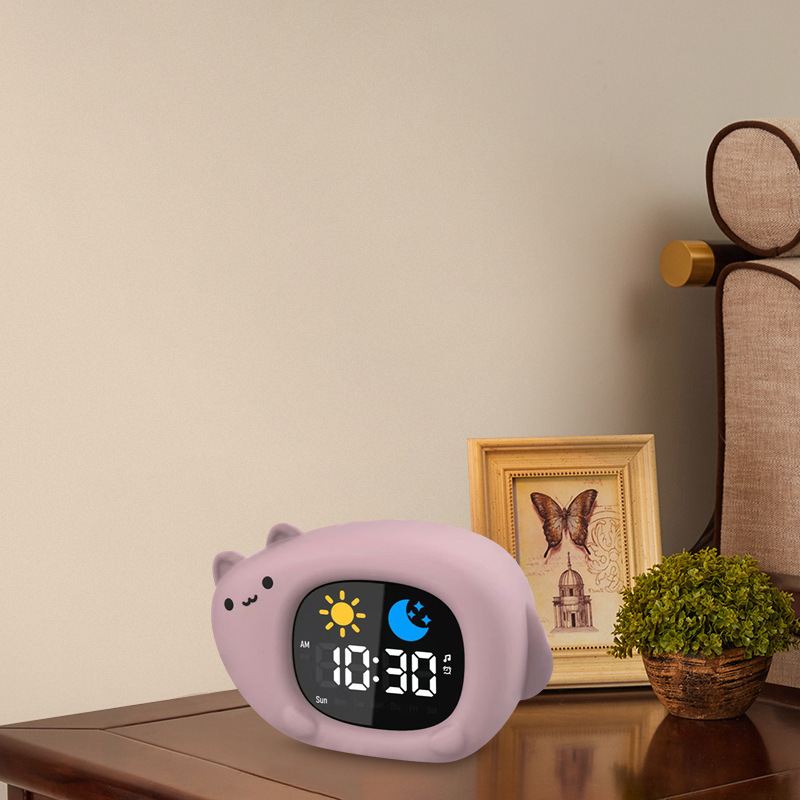 보라색 고양이 흰색 소음 알람 시계 램프
