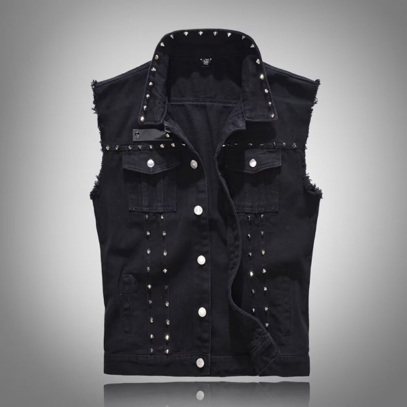 Cross-Border Foreign Trade Trendy Motorcycle Rivet Denim Vest Punk Stage Casual Sleeveless Jacket for Spring and Summer