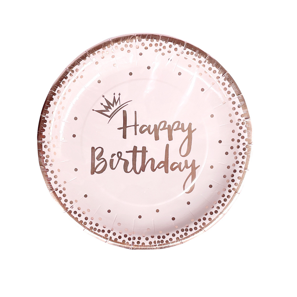 En stock al por mayor monopolio transfronterizo nuevo oro rosa fiesta de cumpleaños de la muchacha 20 paquete de papel tazas de papel placas de papel traje de tejido