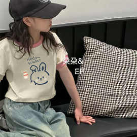 女童短袖t恤短款夏新款儿童卡通撞色上衣女孩中大童圆领半袖夏装