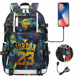 新款篮球球星印花 USB青少年学生书包男女休闲大容量旅行双肩包