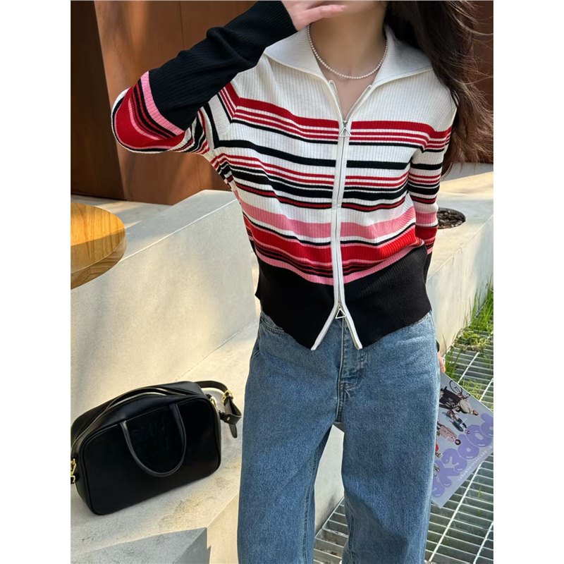 Focus Center~O~Lazy Style V Lapel Stripesd Knitwear Work Clothing Cardigan Double Zipper Top Jacket~Spring