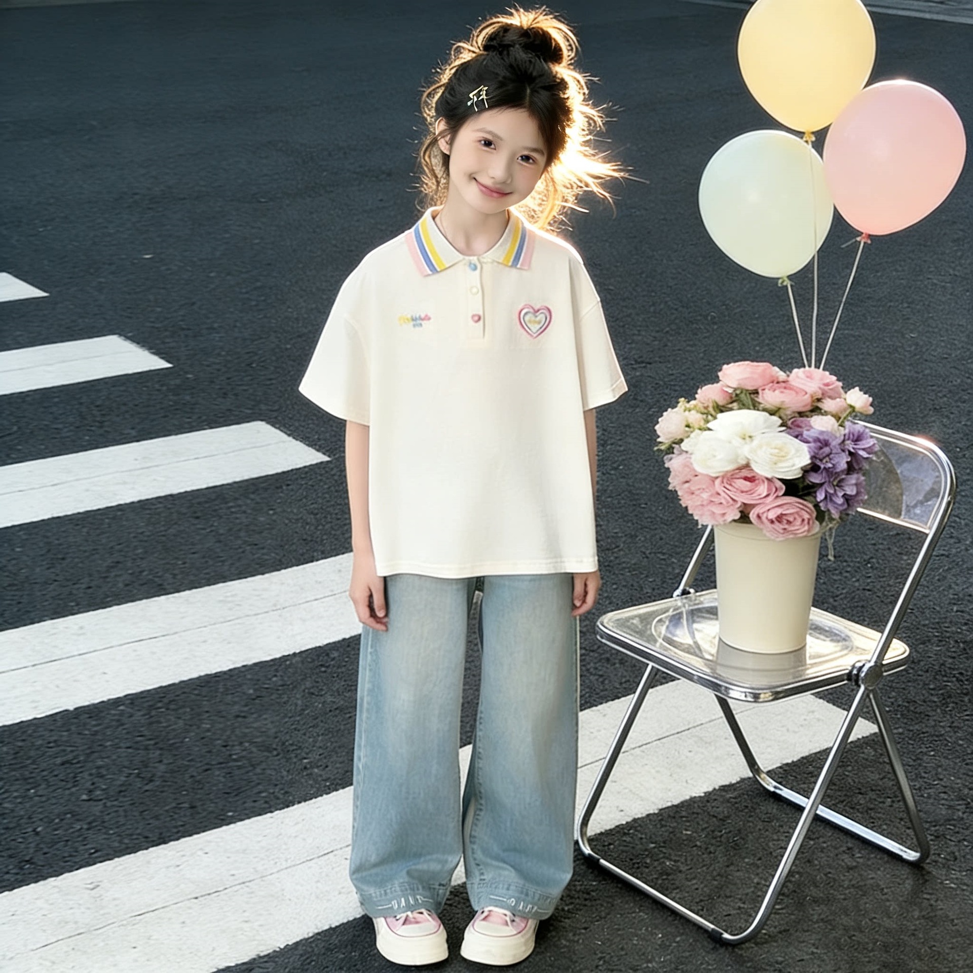 Girls' short-sleeved T-shirt, summer style, 2026 new style, medium and large children's heart embroidered polo shirt, collared pure cotton top, fashionable.