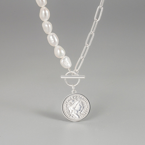 French celi heavy industry baroque freshwater pearl necklace S925 pure silver portrait coin queen lockchain