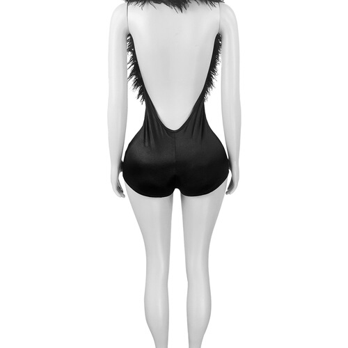 HR25026 European and American fashionable casual women's clothing elegant fur deep V hanging neck sexy fashionable one-piece shorts women