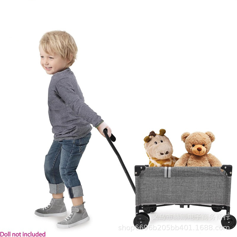 Children's Folding Handcart Canvas Metal Frame Toy Cart with Adjustable Handle and Four Smooth Wheels