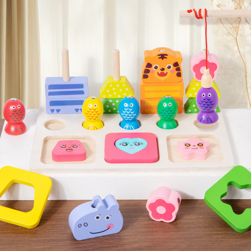 Niños de madera pesca magnética 3 - en - 1 conjunto de iluminación digital adición y sustracción de rompecabezas de educación temprana forma de columna emparejada